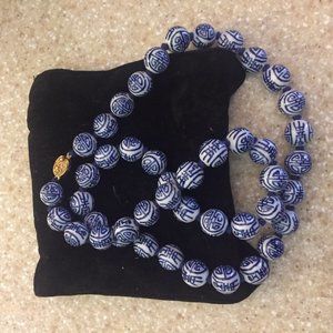 Beaded Blue + white Asian design necklace